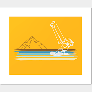 Kitesurfing Beach line art graphic with mountain background Posters and Art